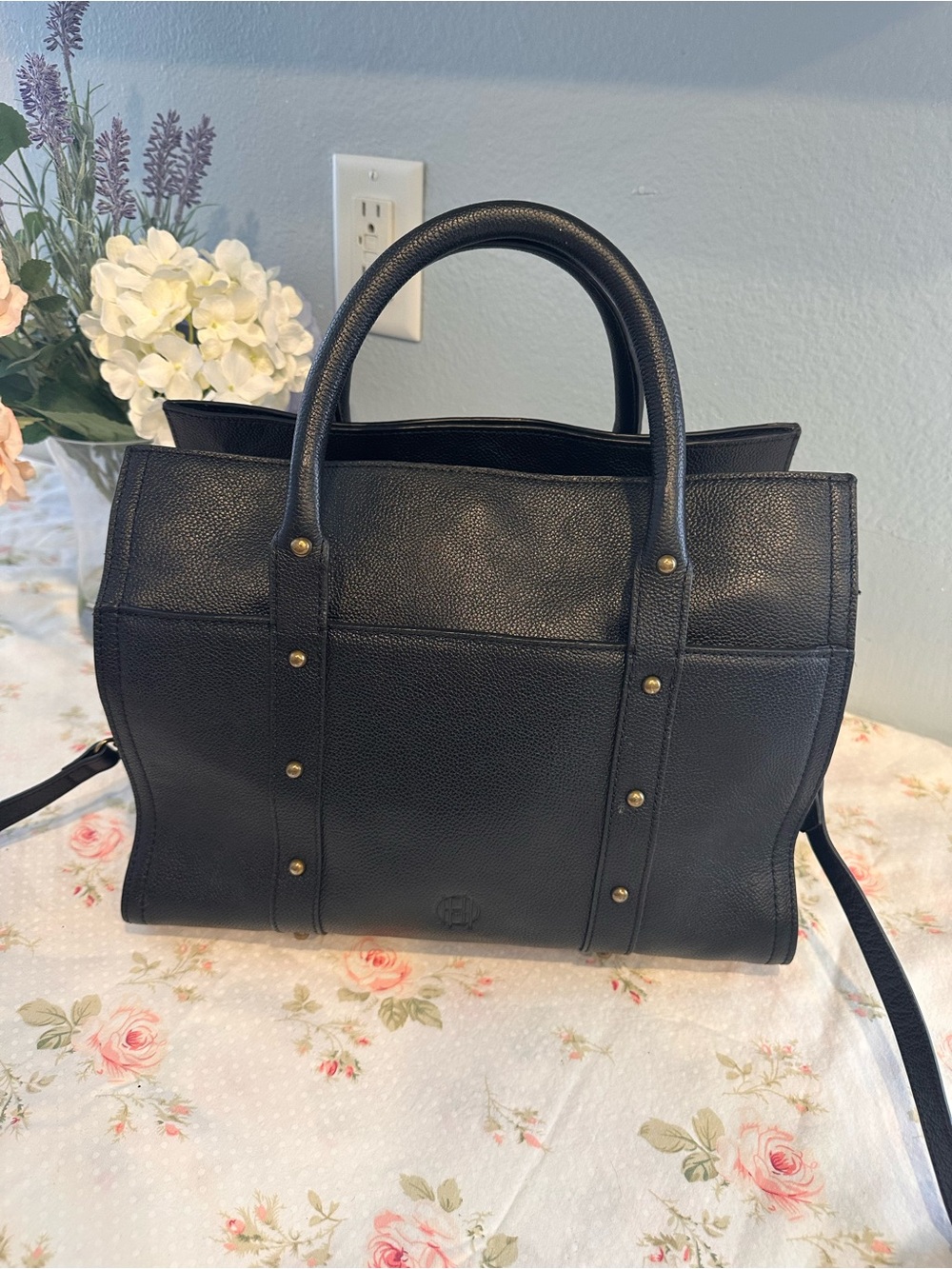House of Harlow 1960 Black Leather Structured Tote with Gold-Tone Stud Accents